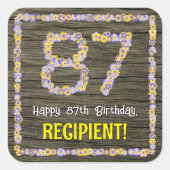 87誕生日:フローラ番号フェイク、木目、名前 スクエアシール (正面)