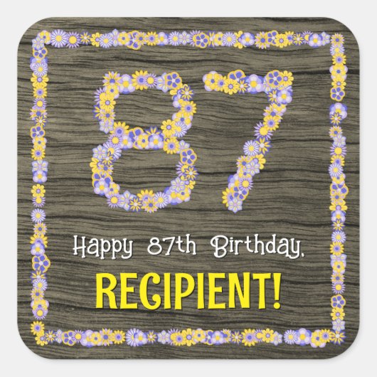 87誕生日:フローラ番号フェイク、木目、名前 スクエアシール (正面)