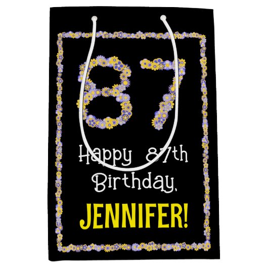 87誕生日:フローラ花数名前をカスタムする ミディアムペーパーバッグ (正面)