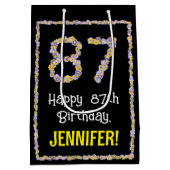 87誕生日:フローラ花数名前をカスタムする ミディアムペーパーバッグ (裏面)