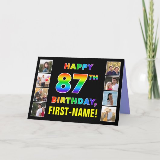 87誕生日:レインボー文字カスタム、写真&名前 カード (正面)