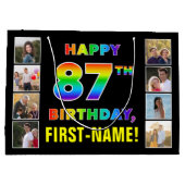 87誕生日:レインボー文字カスタム、写真&名前 ラージペーパーバッグ (裏面)