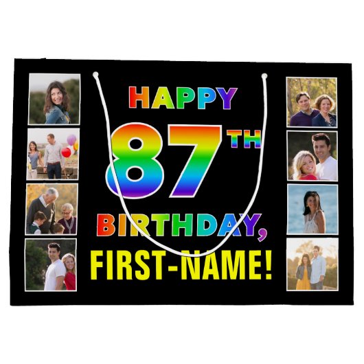 87誕生日：レインボー文字カスタム、写真&名前 ラージペーパーバッグ (裏面)