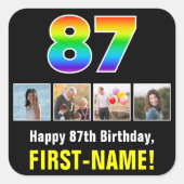 87誕生日:レインボー「87」、写真カスタムと名前 スクエアシール (正面)