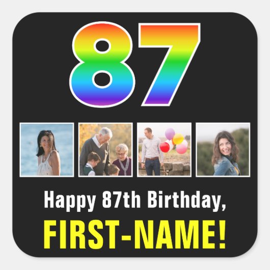 87誕生日：レインボー「87」、写真カスタムと名前 スクエアシール (正面)