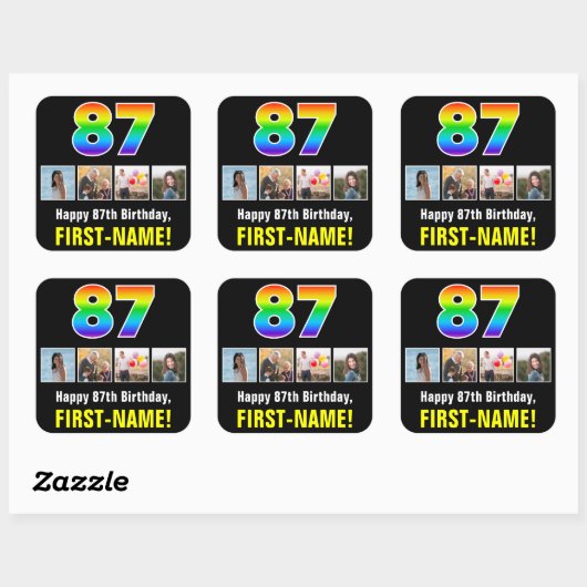 87誕生日:レインボー「87」、写真カスタムと名前 スクエアシール (シート)