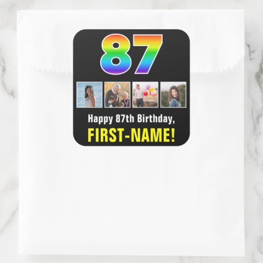 87誕生日:レインボー「87」、写真カスタムと名前 スクエアシール (バッグ)
