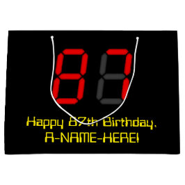 87誕生日：レッドデジタルクロックスタイル"87" +名前 ラージペーパーバッグ