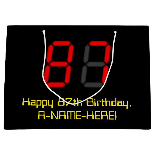 87誕生日：レッドデジタルクロックスタイル"87" +名前 ラージペーパーバッグ (正面)