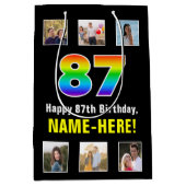 87誕生日: Rainbow "87"，写真カスタムと名前 ミディアムペーパーバッグ (正面)