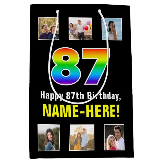 87誕生日: Rainbow "87",写真カスタムと名前 ミディアムペーパーバッグ (正面)