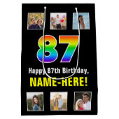 87誕生日: Rainbow "87",写真カスタムと名前 ミディアムペーパーバッグ (裏面)