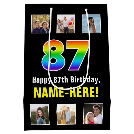 87誕生日: Rainbow "87"，写真カスタムと名前 ミディアムペーパーバッグ (裏面)
