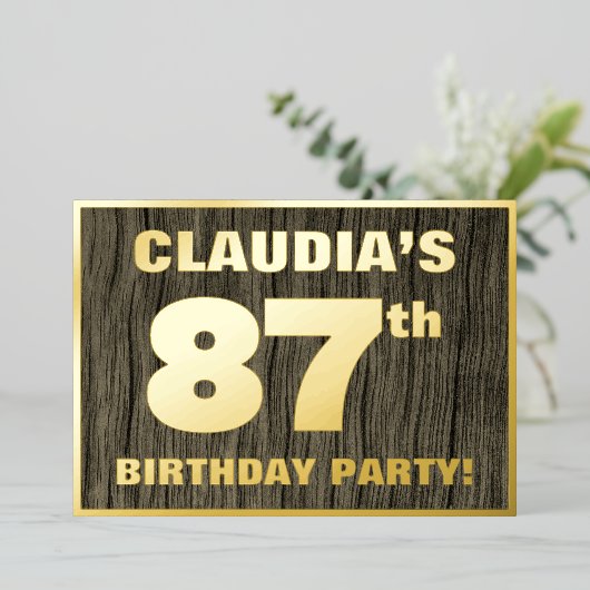 87th誕生日パーティー:はっきりした,木目フェイク模様 箔招待状 (立ち正面)