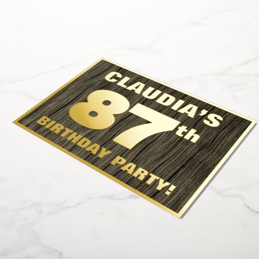 87th誕生日パーティー:はっきりした,木目フェイク模様 箔招待状 (回転した状態)