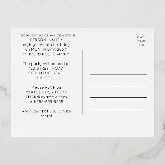87th誕生日パーティー~アールデコスタイル"87" +名前 箔招待状ポストカード (裏面)