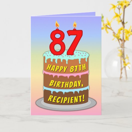 87th Birthday — Fun Cake & Candles, w/ Custom Name カード (黄色い花)