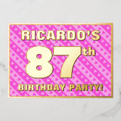 87th Birthday Party —おもしろいピンクハートとストライプ 箔招待状 (正面)