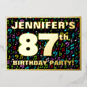 87th Birthday Party —おもしろい、音楽カラフル記号 箔招待状 (正面)