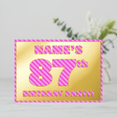 87th Birthday Party — はっきりした、おもしろい、ピンクストライプ色87 箔招待状 (立ち正面)