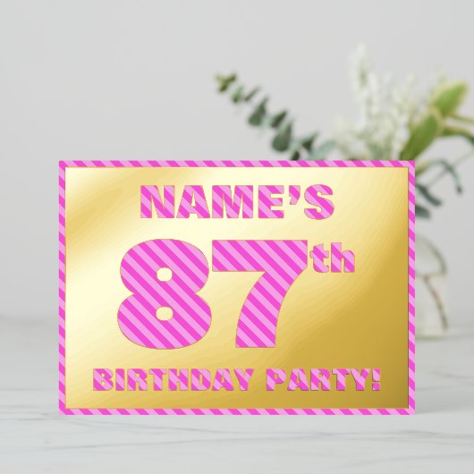 87th Birthday Party — はっきりした、おもしろい、ピンクストライプ色87 箔招待状 (立ち正面)