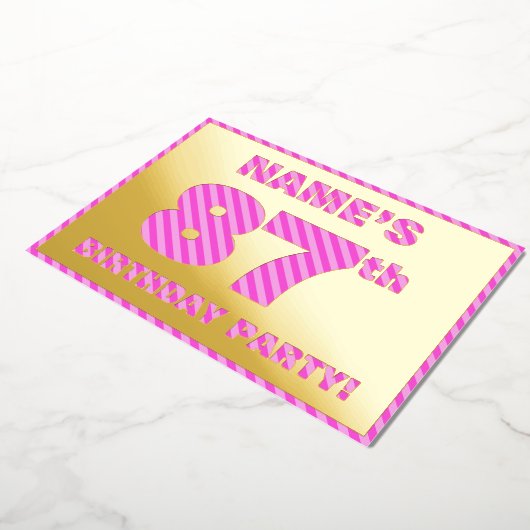 87th Birthday Party — はっきりした、おもしろい、ピンクストライプ色87 箔招待状 (回転した状態)