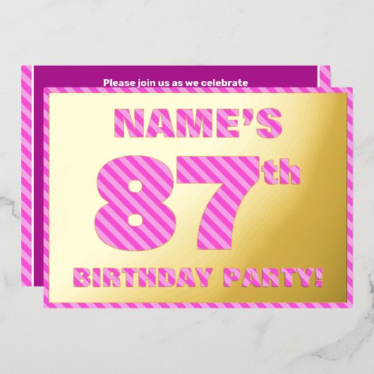 87th Birthday Party — はっきりした、おもしろい、ピンクストライプ色87 箔招待状 (正面/裏面)