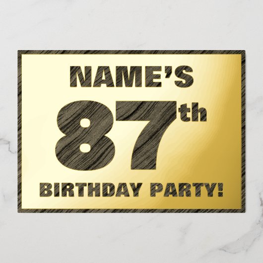 87th Birthday Party — はっきりしたWood Grainフェイク文字 箔招待状 (正面)