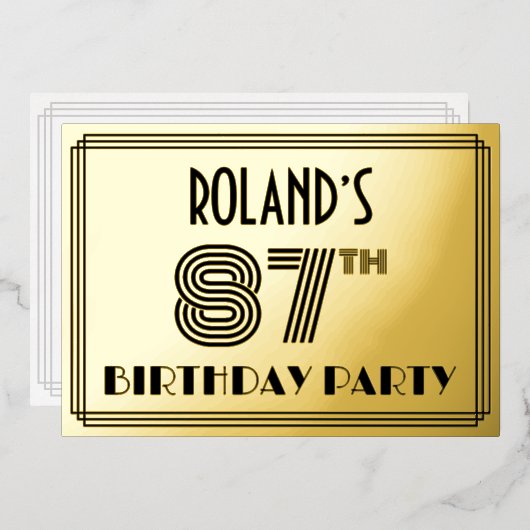 87th Birthday Party —アールデコスタイル「87」 & Name 箔招待状 (正面/裏面)