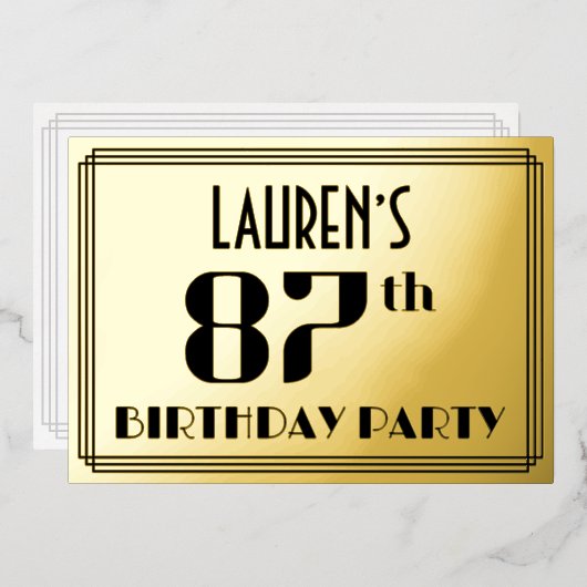 87th Birthday Party:アールデコ「87」と名前 箔招待状 (正面/裏面)