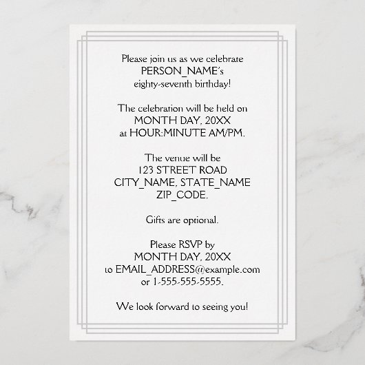 87th Birthday Party – スクリプエレガントト+名前をカスタムする 箔招待状 (裏面)