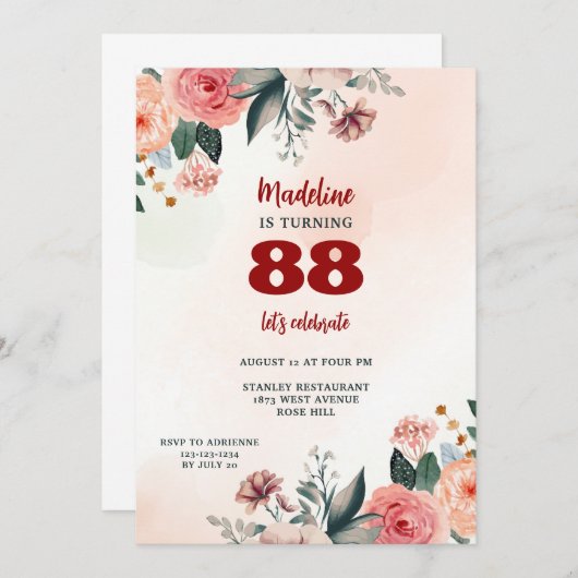 88フローラパステルカラー誕生日エレガント 招待状 (正面/裏面)
