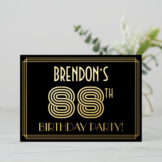 88歳の誕生日パーティー - アールデコ調「88」+ 名前 箔招待状 (立ち正面)