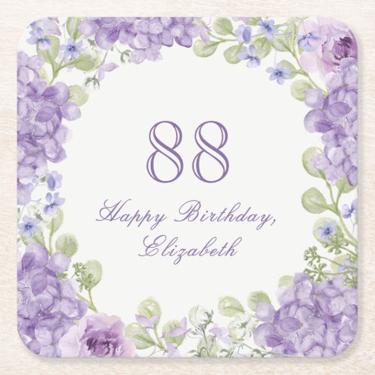 88歳の誕生日パープルフラワーの上品な紙コースター スクエアペーパーコースター (正面)