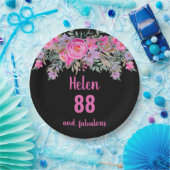 88歳の誕生日ピンクの黒い水色フローラ ペーパープレート (パーティー)