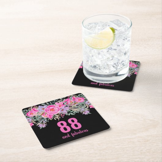 88歳の誕生日ピンクブラックフローラ スクエアペーパーコースター (インサイチュ)