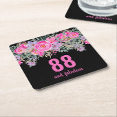 88歳の誕生日ピンクブラックフローラ スクエアペーパーコースター (アングル)
