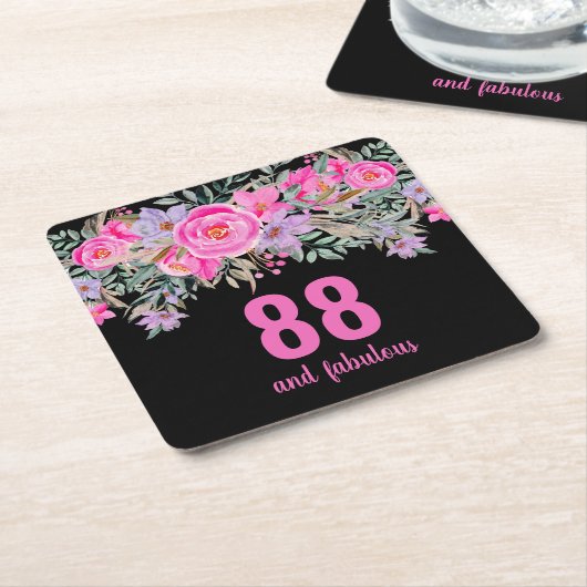 88歳の誕生日ピンクブラックフローラ スクエアペーパーコースター (アングル)