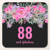 88歳の誕生日ピンクブラックフローラ スクエアペーパーコースター (正面)