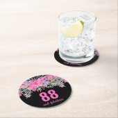 88歳の誕生日ピンクブラックフローラ ラウンドペーパーコースター (インサイチュ)