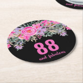 88歳の誕生日ピンクブラックフローラ ラウンドペーパーコースター (アングル)