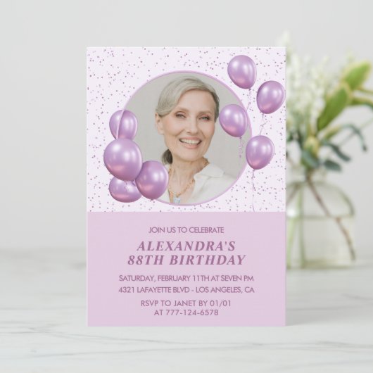 88歳の誕生日招待状フォトパープルバルーン 招待状 (スタンド正面)