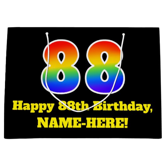 88歳の誕生日 〜 楽しくて、カラフルで、生き生きとして、虹色の88 ラージペーパーバッグ (正面)