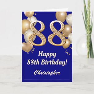 88誕生日ネイビーブルーと金ゴールドバルーン紙吹雪 カード