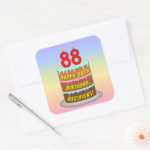 88誕生日:おもしろいケーキとキャンドル+名前をカスタムする スクエアシール