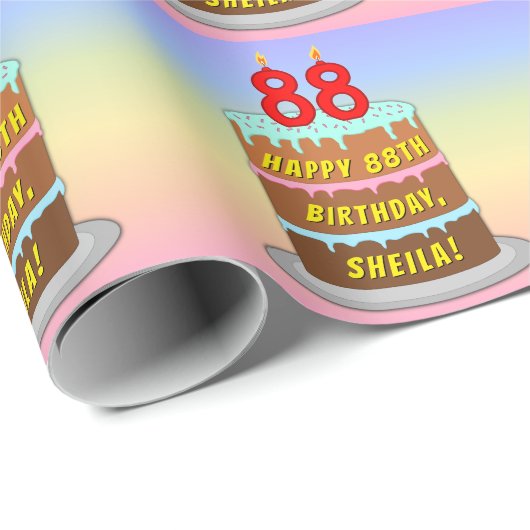 88誕生日:おもしろいケーキとキャンドル+名前をカスタムする ラッピングペーパー (ロールコーナー)