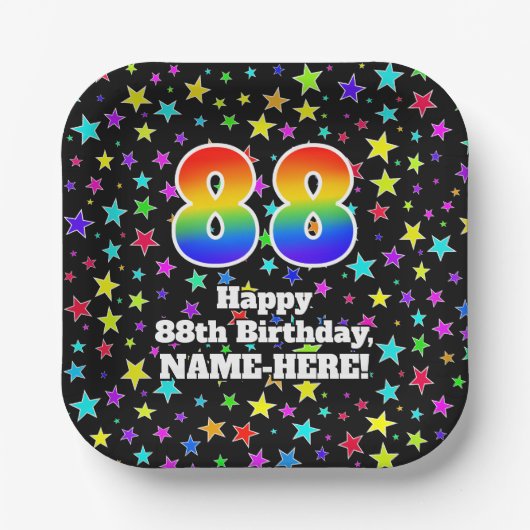 88誕生日:おもしろいスター柄と虹"88" ペーパープレート (正面)