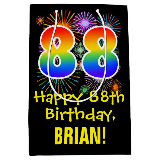 88誕生日:おもしろい花火パターン+虹88 ミディアムペーパーバッグ (正面)