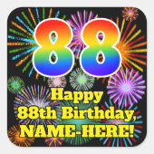 88誕生日:おもしろい花火ルック、虹# 88 スクエアシール (正面)