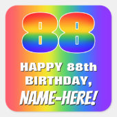 88誕生日: カラフル、おもしろいレインボーパターン# 88 スクエアシール (正面)